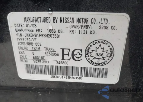 2008 Infiniti G35X z USA, uszkodzony, nr VIN JNKBV61F68M263581